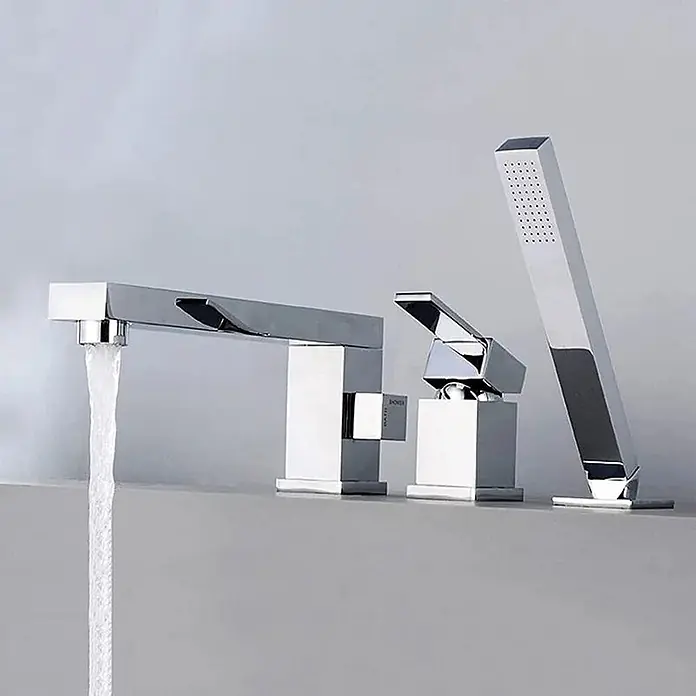 Hudor Duschsystem 5365 -  - Modernes, verchromtes Badewannenarmaturen-Set im quadratischen Design, mit Auslauf, fließendem Wasser, Bedienhebel und rechteckiger Handbrause.
