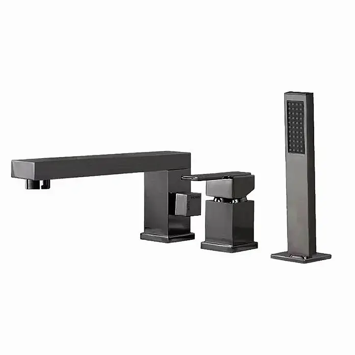 Hudor Duschsystem 5365 -  - Dunkelgraue/schwarze rechteckige Badewannenarmatur mit flachem Auslauf, zwei Bedienelementen und passender Handbrause.