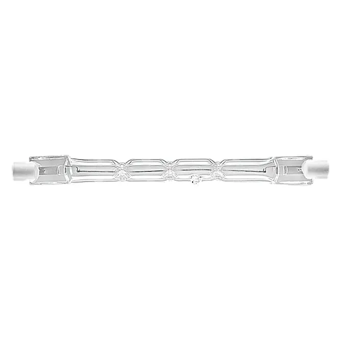 Osram Haloline Halogenstab Haloline ECO - 120 W, R7s, Warmweiß, Länge: 118 mm - Abbildung einer Halogenlampe. Die Lampe ist lang und röhrenförmig, mit einem durchsichtigen Glaskörper und weißen Enden.