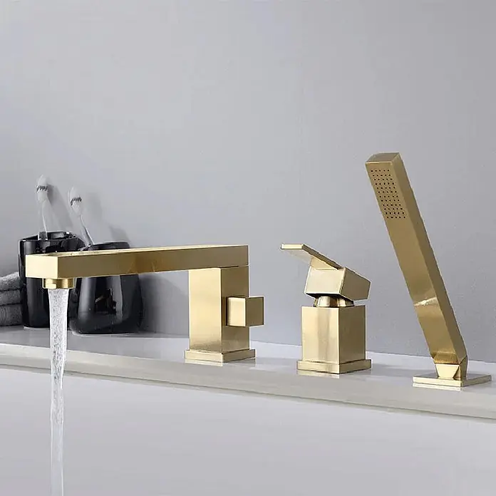 Hudor Duschsystem 5365 -  - Modernes gebürstetes Gold-Wannenarmaturenset mit rechteckigem Auslauf, Wasserfluss, Einhebelmischer und passender Handbrause.