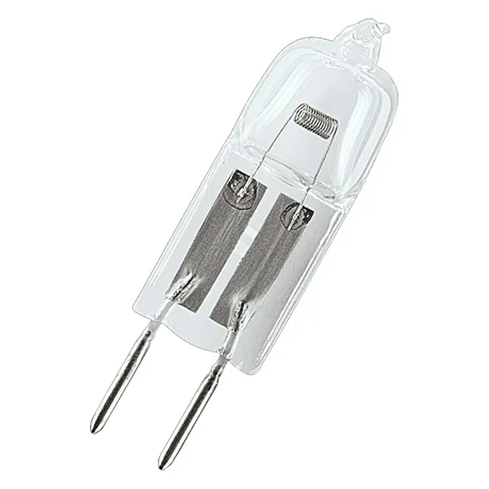 Osram Halogenstiftsockel Halostar Standard - 5 W, G4, Klar, Warmweiß, 2 Stk. - Abbildung einer G4-Halogenlampe mit klarem Glaskolben, Wolframwendel und zwei Stiftsockelkontakten.