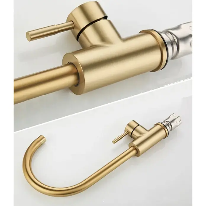 Hudor Waschtischarmatur Scamandre 6565 - Seidenmatt - Matte goldene Wandarmatur mit gebogenem Auslauf und Einhebelgriff.