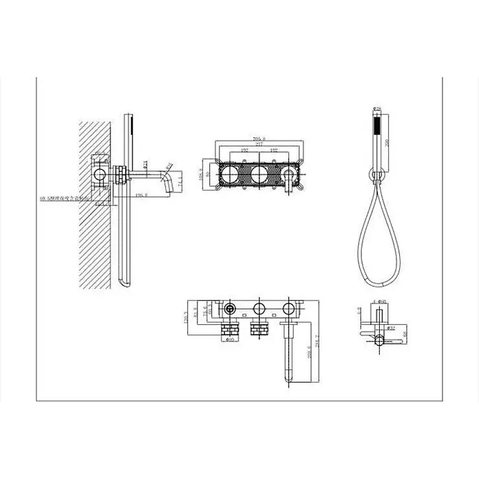 Hudor Badewannenarmatur Enipée 4454-1 - Matt - Technische Zeichnung eines modernen Unterputz-Duschsystems mit Wandarmatur, integrierter Duschstange, Handbrause und Dreiknopf-Mischbatterie.