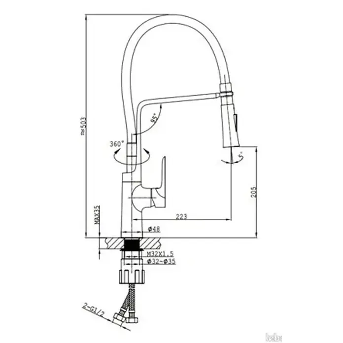 Hudor Spültischarmatur 806 - Glänzend - Technische Zeichnung einer Küchenarmatur mit Ausziehbrause, Maßen und Installationsdetails.