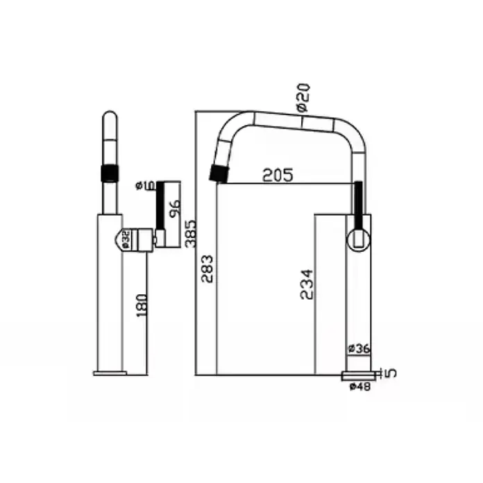 Hudor Spültischarmatur -  - Technische Zeichnung einer hohen, modernen Küchenarmatur mit gebogenem Auslauf und Seitenhebel, inklusive Maße und Durchmesser.