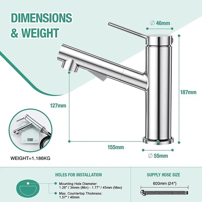 Hudor Spültischarmatur Erymanthe - Glänzend - Verchromter Einhebel-Küchenarmatur mit detaillierten Maßen (Höhe 187mm, Auslauflänge 155mm), Gewicht 1.186kg und Installationsspezifikationen.