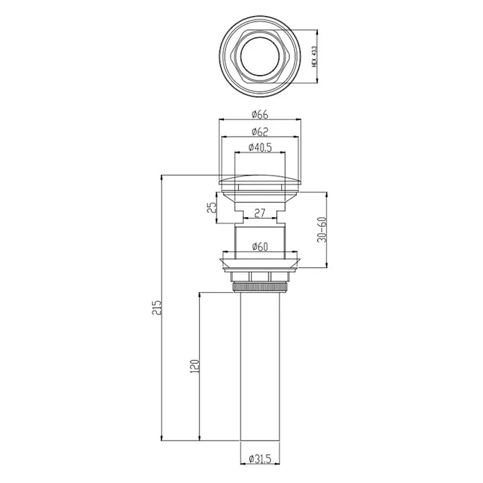 Hudor Spültischarmatur Pénée - Seidenmatt - Technisches Datenblatt eines Ablaufventils mit Maßangaben, oben 66mm und 31.5mm Ablaufrohr.