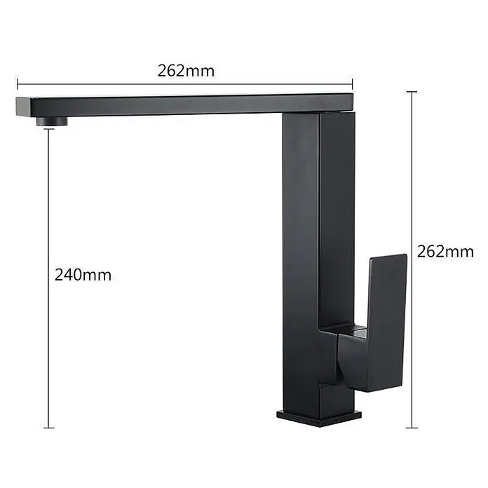 Hudor Spültischarmatur Alphée 018 - Matt - Schwarze, quadratische Armatur, 262mm Gesamthöhe, 240mm Auslaufhöhe und 262mm Ausladung.