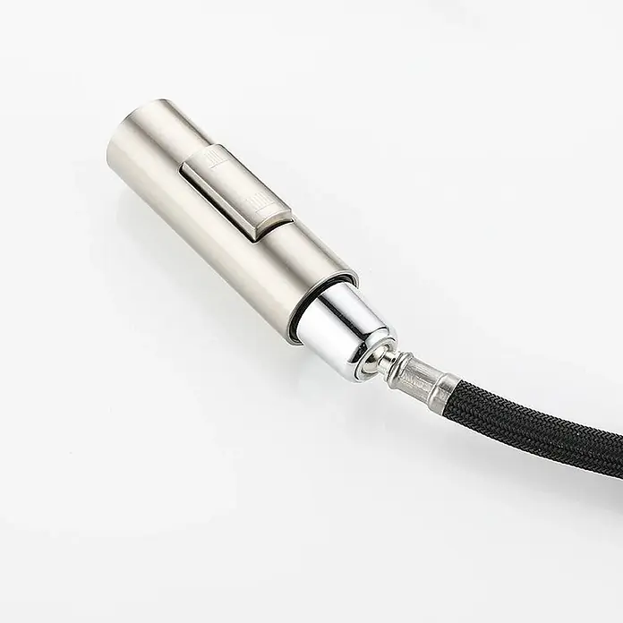 Hudor Spültischarmatur Scamandre 0460 - Seidenmatt - Brausekopf aus gebürstetem Metall für Wasserhahn mit seitlichem Knopf und schwarzem Geflechtschlauchanschluss.