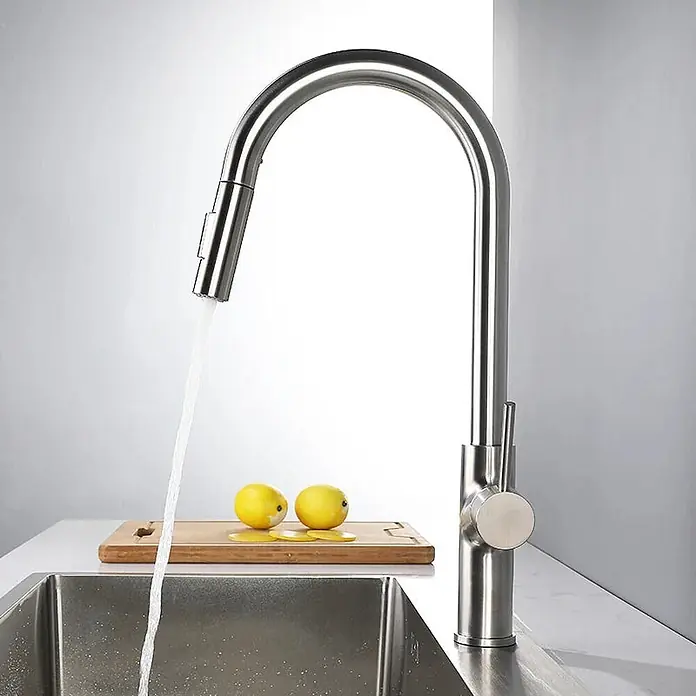 Hudor Spültischarmatur Scamandre 0460 - Seidenmatt - Gebürsteter Edelstahl-Küchenwasserhahn mit herausziehbarer Brause, der Wasser in ein Waschbecken abgibt.