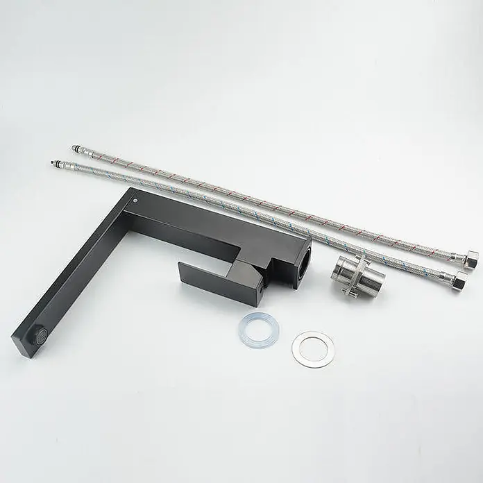 Hudor Spültischarmatur Alphée 018 - Matt - Mattschwarze, moderne Armatur mit quadratischem Design, inkl. geflochtener Schläuche, Unterlegscheiben und Befestigungsmutter zur Installation.