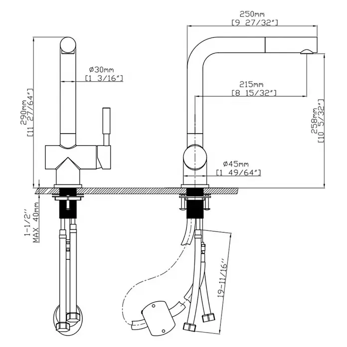 Hudor Spültischarmatur Erymanthe 0013 mit ausziehbarer Brause - Seidenmatt - Technische Zeichnung einer modernen Küchenarmatur mit Ausziehbrause und passendem Seifenspender, mit detaillierten Maßen.