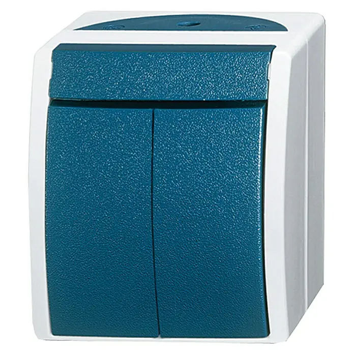 Busch-Jaeger Ocean Serienschalter 2601/5 W-53 - Blaugrün, Grau, Aufputzmontage, 10 A - Einbauschalter mit blauer Doppelwippe und weißem Rahmen, ideal für Feuchträume oder den Außenbereich. Robust und wetterfest für vielfältige Anwendungen.