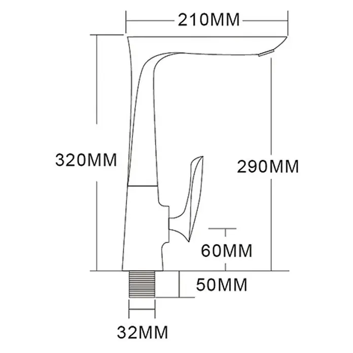 Hudor Spültischarmatur Céphise 6672 - Matt - Maßzeichnung einer hohen Einhebel-Waschtischarmatur. Zeigt Gesamthöhe 320mm, Ausladung 210mm und 32mm Befestigungsgewinde.