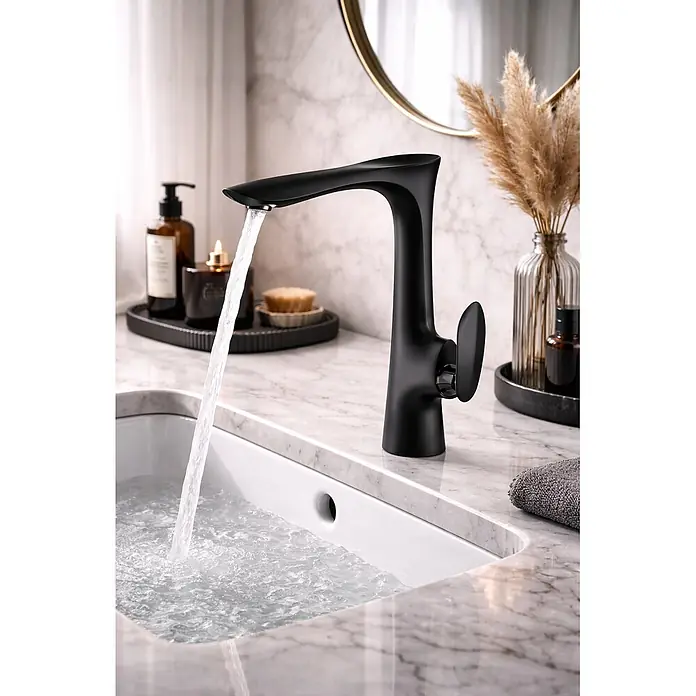 Hudor Spültischarmatur Céphise 6672 - Matt - Moderner, mattschwarzer Wasserhahn, der Wasser in ein Waschbecken leitet.