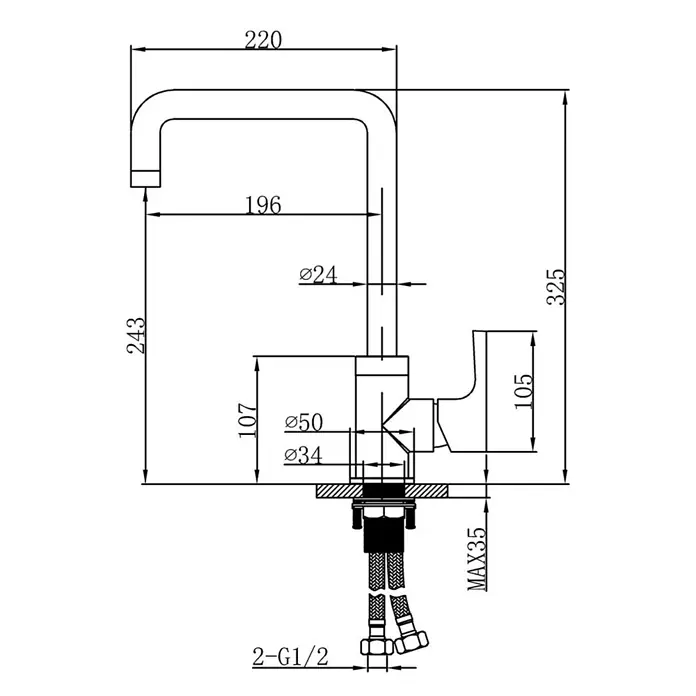 Hudor Spültischarmatur Enipée - Glänzend - Technisches Diagramm einer verchromten Küchen- oder Badarmatur mit Maßen für die Installation.