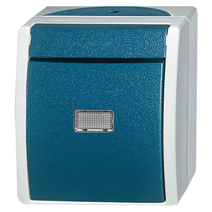 Busch-Jaeger Ocean Wechselschalter 2601/6 WGL-53 Orientierungsschalter - Blaugrün, Grau, Aufputzmontage, 10 A - Produktansicht: Ein blauer und weißer Spender für Papierhandtücher mit einem strukturierten Design und rechteckiger Form.
