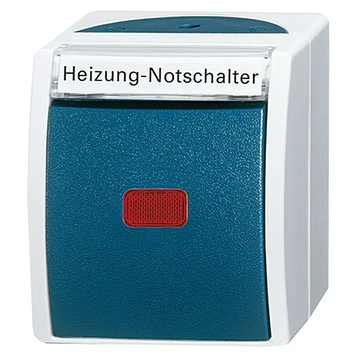 Busch-Jaeger Ocean Heizungsschalter 2601/2 SKWNH-53 - Blaugrün, Grau, Kunststoff, Aufputzmontage, IP44 - Nahaufnahme eines blauen Heizungs-Notschalters mit rotem Knopf und weißem Gehäuse.
