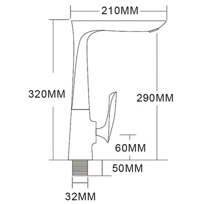 Hudor Waschtischarmatur Scamandre 1764 - Gold gebürstet, Seidenmatt - Technische Zeichnung eines modernen Wasserhahns mit Maßen: 320mm Höhe, 210mm Ausladung, 32mm Sockelgewinde, 50mm Befestigung.