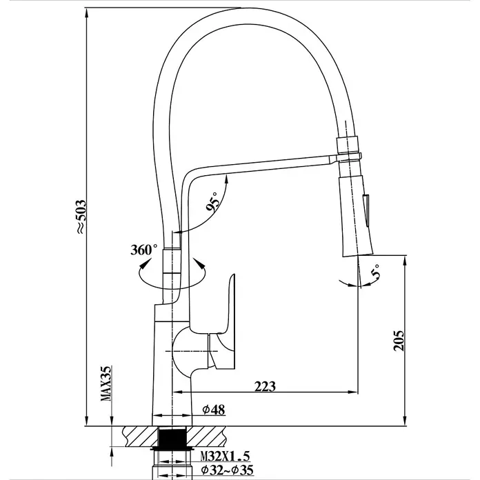 Hudor Spültischarmatur - Hochglänzend - Technisches Diagramm eines Küchenwasserhahns mit ausziehbarer Brause, zeigt Maße wie Gesamthöhe 503mm, Ausladung 223mm und 360° Schwenkbereich.