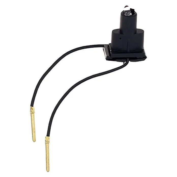 Busch-Jaeger Ocean Glimmlampen-Einsatz 8346-1 - 230 V - Nahaufnahme eines kleinen, schwarzen Autolampenmoduls mit zwei goldenen Stiften.