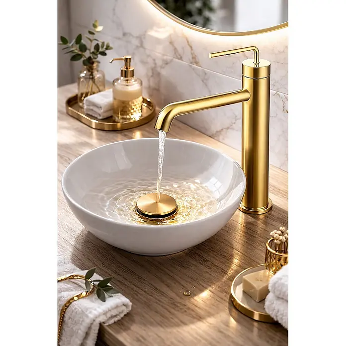 Hudor Waschtischarmatur Scamandre 040 - Hochglänzend - Ein eleganter goldener Wasserhahn lässt Wasser in ein weißes Aufsatzwaschbecken auf einem Holzwaschtisch fließen, umgeben von goldenen Badaccessoires.