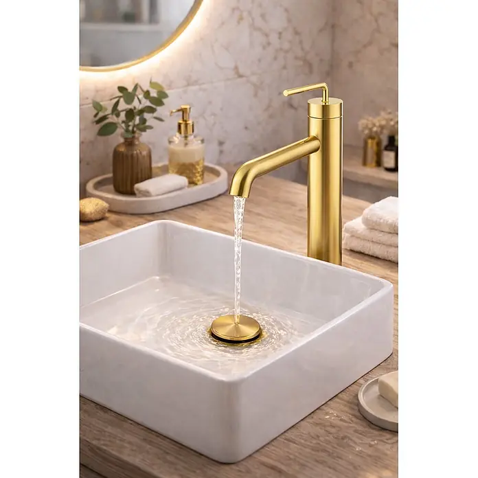 Hudor Waschtischarmatur Scamandre 040 - Hochglänzend - Ein goldener Badarmatur spendet Wasser in ein weißes, rechteckiges Waschbecken mit passendem goldenem Abflussstopfen.