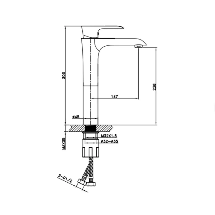 Hudor Waschtischarmatur Enipée - Seidenmatt - Technische Zeichnung eines Wasserhahns mit Maßen, Installationsdetails und flexiblen Schläuchen.