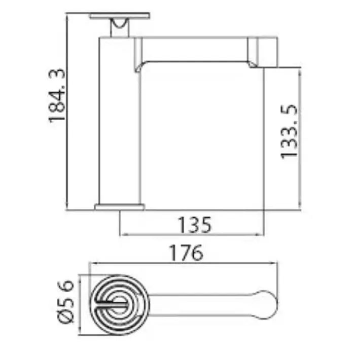 Hudor Waschtischarmatur Pénée 029 - Matt - Technisches Diagramm einer modernen, silberfarbenen Badarmatur mit Abmessungen.