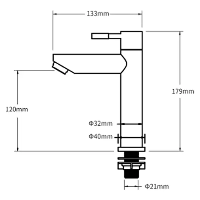 Hudor Waschtischarmatur Céphise 7536 - Matt - Technische Zeichnung einer modernen Einhebel-Waschtischarmatur mit detaillierten Abmessungen.