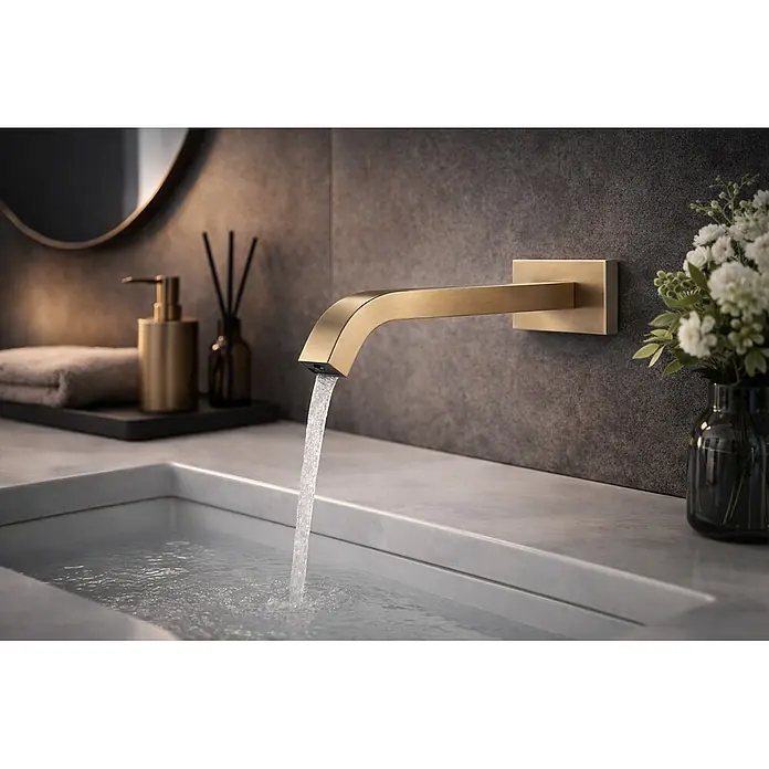 Hudor Waschtischarmatur 018 - Hochglänzend - Goldene Wandarmatur gießt Wasser in ein modernes, rechteckiges Waschbecken.