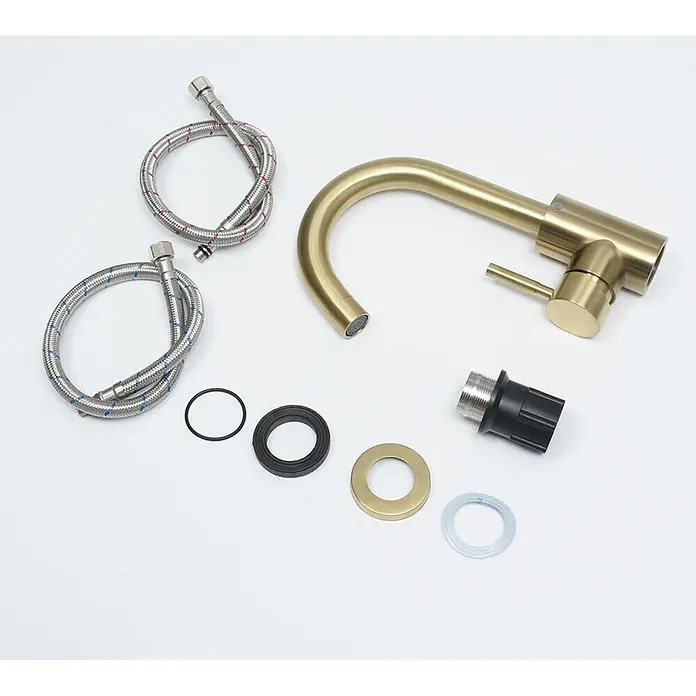 Hudor Waschtischarmatur Scamandre 0581 - Seidenmatt - Gebürstete goldene Küchenarmatur mit Schwanenhalsauslauf, Einhebelmischer, zwei geflochtenen Schläuchen und Montagematerial.