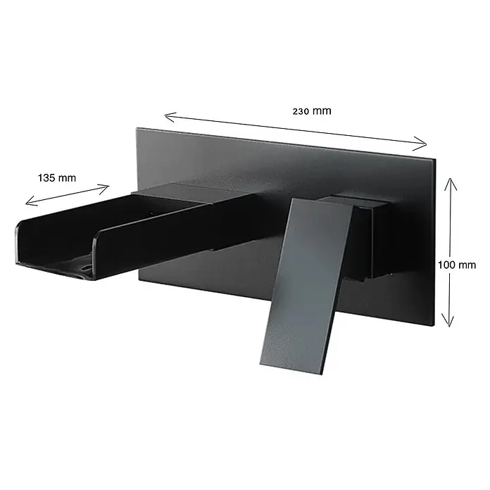 Hudor Waschtischarmatur Alphée 007 Wandarmatur Wasserfall - Matt - Mattschwarze Wand-Wasserfallarmatur mit Einhebelmischer. Rückplatte 230x100mm, Auslauf 135mm.