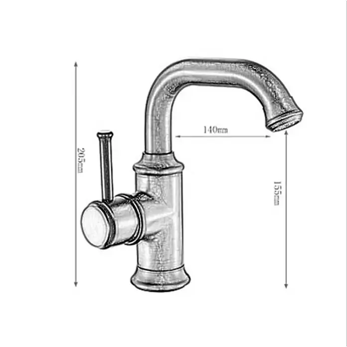 Hudor Waschtischarmatur Scamandre - Hochglänzend - Technische Zeichnung einer gebürsteten Metall-Einhebelarmatur mit gebogenem Auslauf, Maße: 205mm Höhe, 140mm Ausladung.