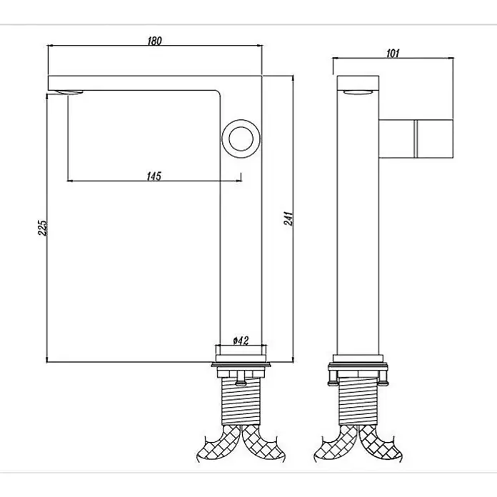 Hudor Waschtischarmatur Scamandre 6461 - Seidenmatt - Technische Zeichnung eines hohen, modernen Küchen- oder Badarmatur mit Abmessungen, Vorder- und Seitenansicht.