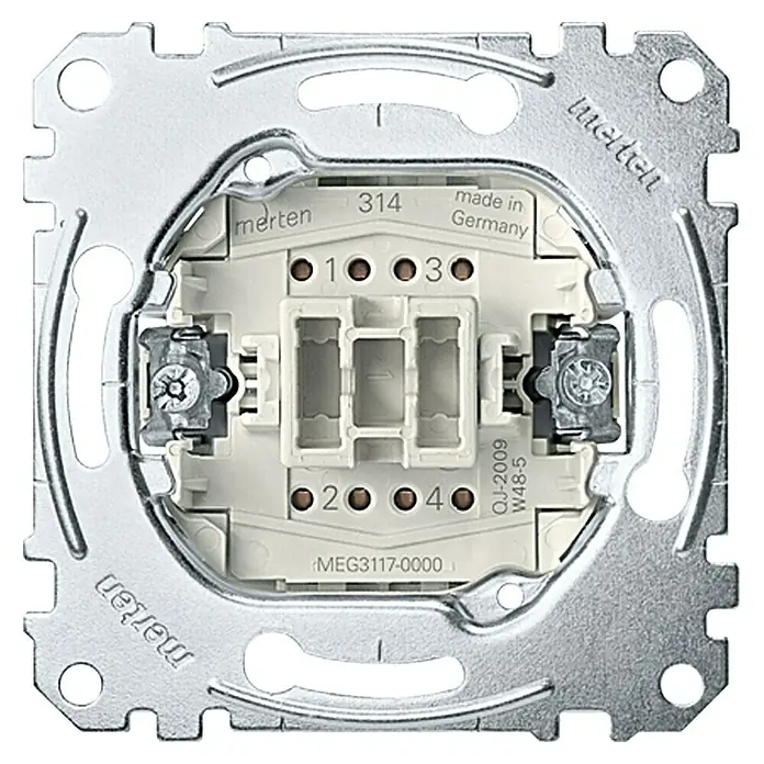 Merten Kreuzschalter-Einsatz MEG3117-0000 - 10 A, Unterputzmontage - Nahaufnahme eines Merten-Schalters, der die Detailverarbeitung und die präzisen Anschlüsse für elektrische Installationen hervorhebt.