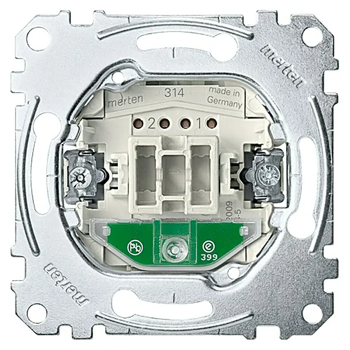 Merten Kontrollschalter-Einsatz MEG3106-0000 - 10 A, Unterputzmontage - Nahaufnahme eines Merten-Schalters, der die interne Konstruktion und die "Made in Germany"-Qualität hervorhebt.
