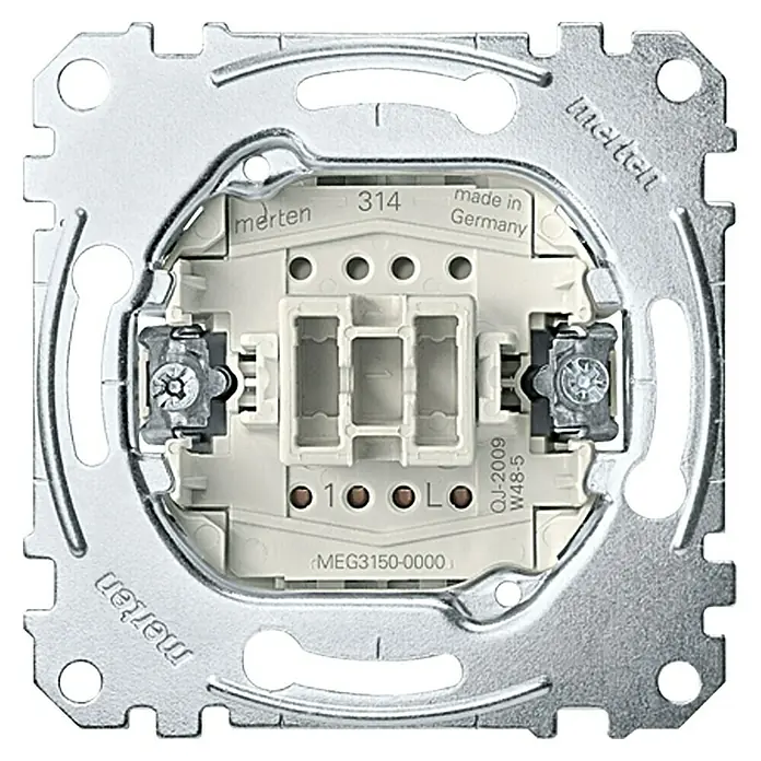 Merten Taster-Einsatz MEG3150-0000 - 10 A - Nahaufnahme eines Merten Schaltereinsatzes mit Metalleinfassung, der die Details und die Beschriftung des Produkts zeigt.