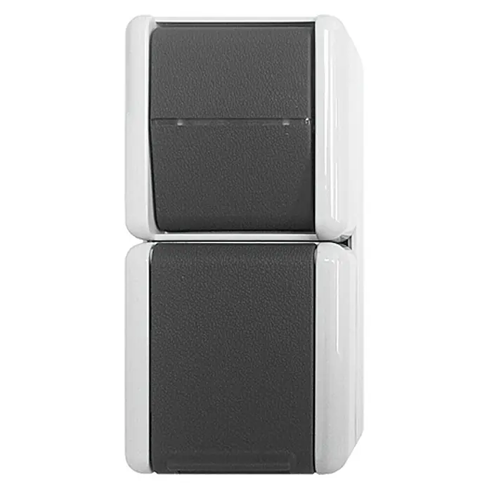 Jung WG 800 Schalterkombination 876W - Anthrazit, 2-fach, Ausrichtung Schalterprogramm: Vertikal, Aufputzmontage, IP44 - Nahaufnahme eines doppelten, grauen Gira E2-Schalters mit weißem Rahmen, der moderne Funktionalität mit elegantem Design verbindet.