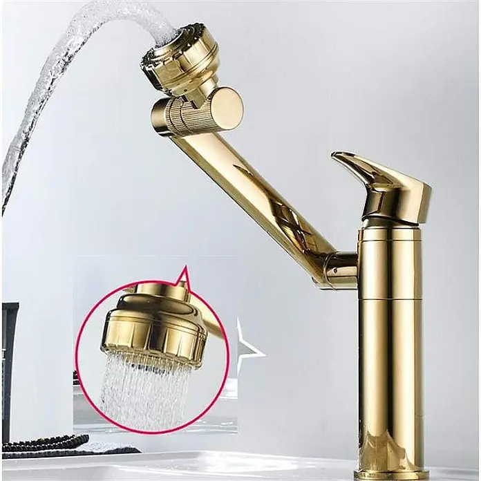 Hudor Waschtischarmatur 6959 - Hochglänzend - Goldene Küchenarmatur mit schwenkbarem Arm und Multifunktions-Strahlregler, der sowohl Strahl- als auch Sprühmodus zeigt.