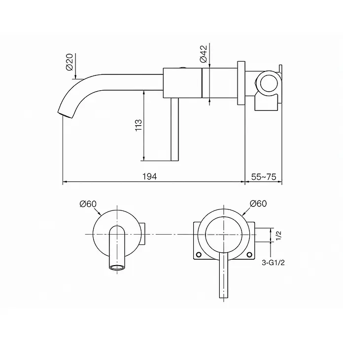 Hudor Waschtischarmatur Pénée 8441 - Seidenmatt - Technisches Datenblatt eines Wandarmatur mit gebogenem Auslauf, mit Maßen wie Ø20, 194, 113 und Anschlussdetails.