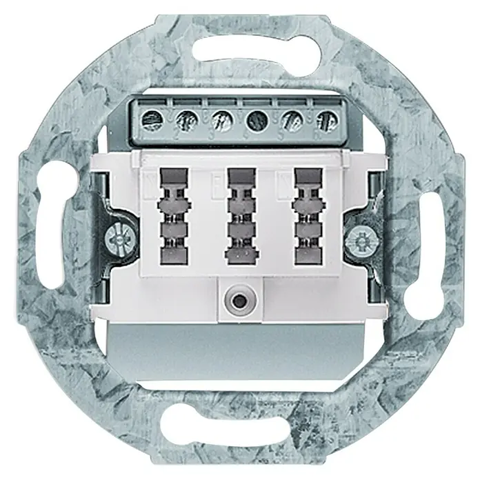 Busch-Jaeger TAE-Dosen-Einsatz Universal 3X6 NFN - Unterputzmontage, Passend für: Busch Jaeger, Gira, Jung, Merten, Berker - Nahaufnahme eines modularen Gerätesockels mit Klemme für elektronische Installationen, ideal für moderne Elektroinstallationen.