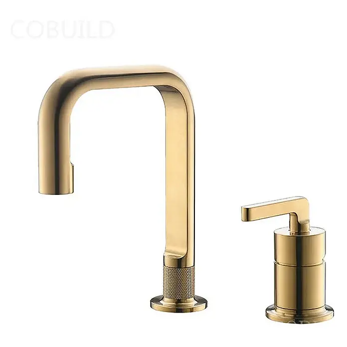 Hudor Waschtischarmatur 6737 - Matt - Zweiteilige Armatur in gebürstetem Gold mit U-förmigem Auslauf und separatem Einhebelgriff, mit Rändeltextur am Auslaufboden.