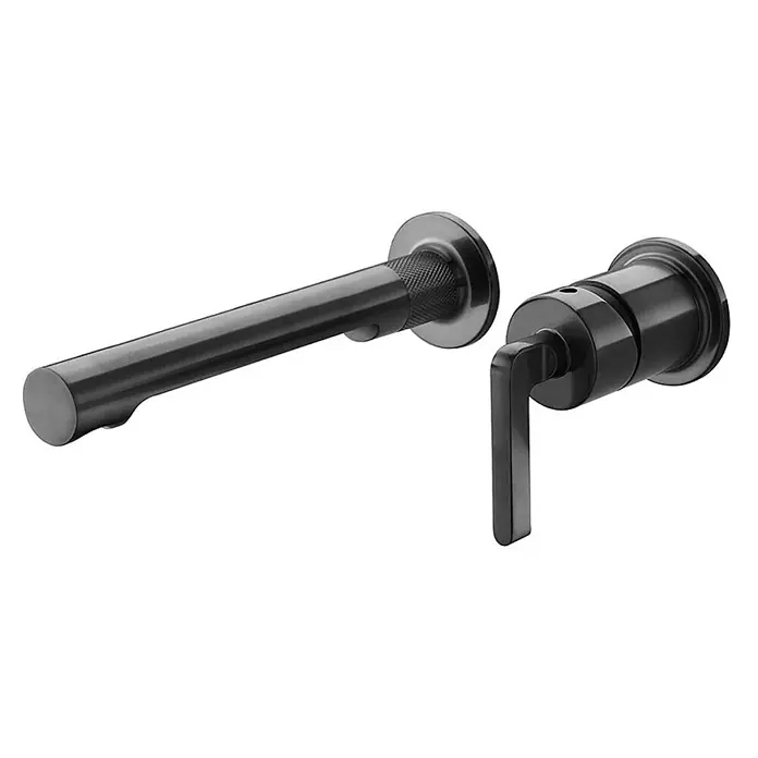 Hudor Waschtischarmatur 6737 - Matt - Mattschwarze Wandarmatur mit langem Auslauf, gerändeltem Detail und separatem minimalistischem Hebelgriff.