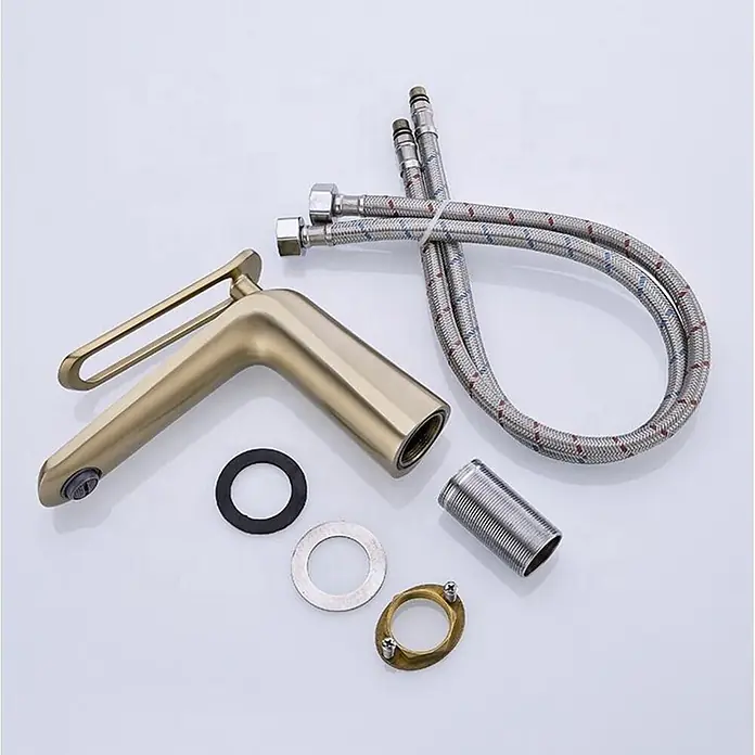 Hudor Waschtischarmatur Scamandre 7697 - Seidenmatt - Gebürstete goldene Einhebel-Waschtischarmatur mit geflochtenen Schläuchen und Montagematerial.
