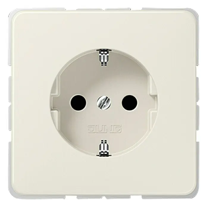 Jung CD 500 Steckdose CD1520BFKI - Elektroweiß, Kunststoff, Unterputzmontage - Nahaufnahme einer cremefarbenen JUNG-Steckdose mit Schutzkontakt und Schraube in der Mitte für sichere Stromversorgung.