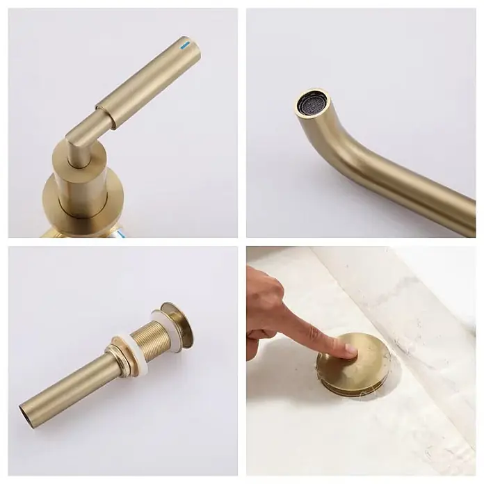 Hudor Waschtischarmatur 7864 - Seidenmatt - Badarmaturenset aus gebürstetem Gold mit Einhebelmischer, gebogenem Auslauf und Pop-up-Ablaufgarnitur.
