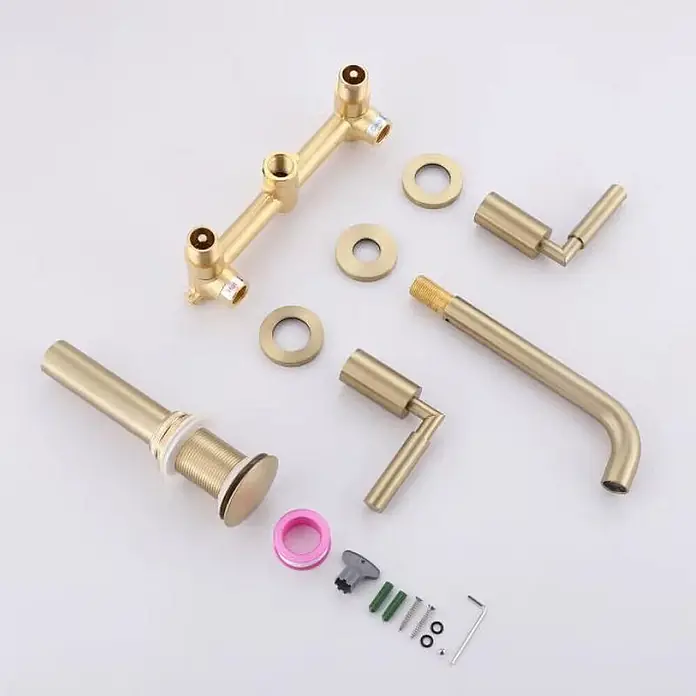 Hudor Waschtischarmatur 7864 - Seidenmatt - Zerlegtes gebürstetes Gold Wandmontage-Waschtischarmatur-Set mit Hauptventil, Auslauf, Griffen, Ablaufgarnitur und Installationszubehör.