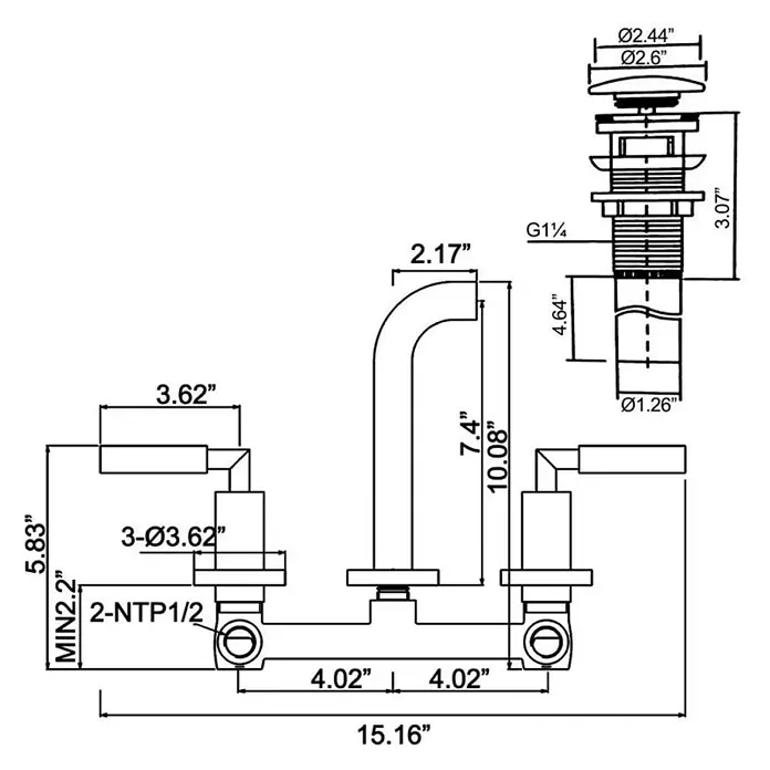 Hudor Waschtischarmatur 7864 - Seidenmatt - Technisches Diagramm einer zweigriffigen Waschtischarmatur mit Schwanenhalsauslauf und Ablaufgarnitur, inklusive Maßen.