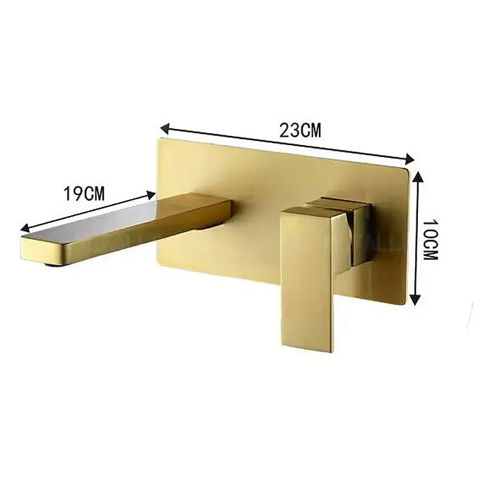 Hudor Waschtischarmatur Scamandre 7291 - Seidenmatt - Wandarmatur in gebürstetem Gold mit rechteckigem Auslauf (19cm) und Griff, auf 23x10cm Wandplatte.